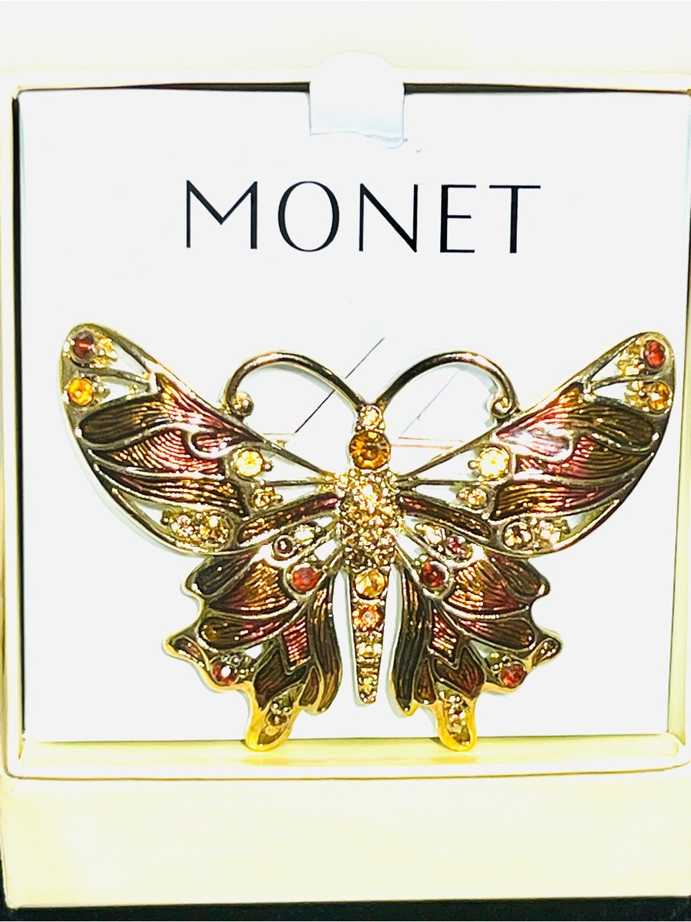 Vintage Monet Gold-Tone Butterfly Brooch with Amber and Brown Crystals